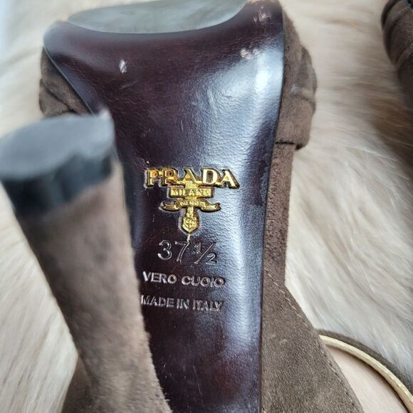 PRADA BROWN SUEDE OPEN-TOE ANKLE-STRAP HI-HEEL SLINGBACK SANDALS - Picture 8 of 8